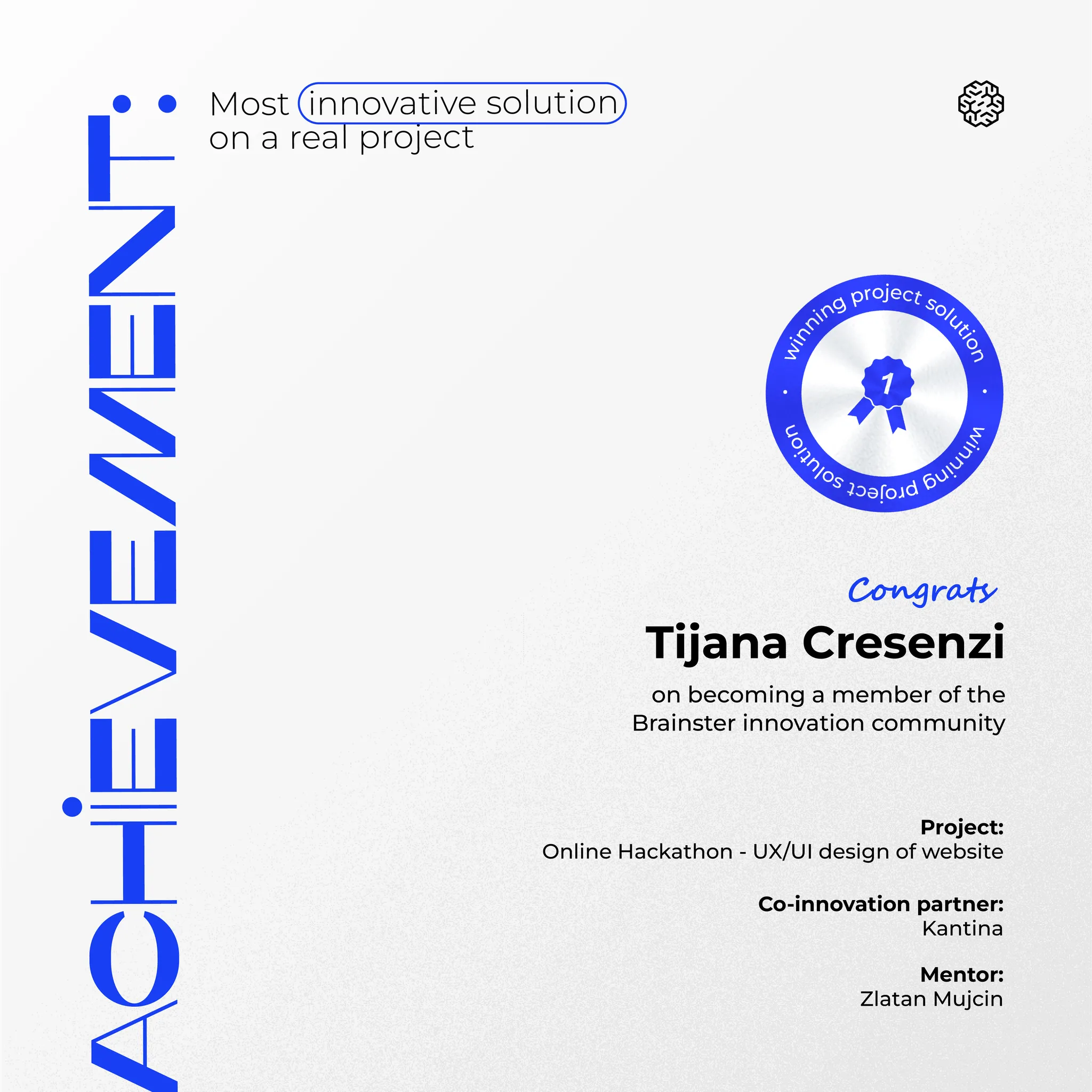 Achievement certificate: most innovative solution on a real project