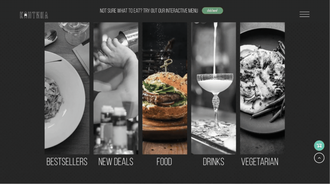 Rebuilt Kantina menu page, categories for bestsellers, food, drinks, and vegetarian